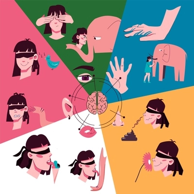 Sense organ people flat colored collage composition woman smells licks listens feels touches vector illustration