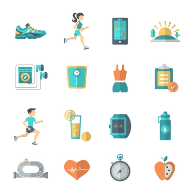 Jogging and fitness icons flat set with stopwatch apple bottle isolated vector illustration