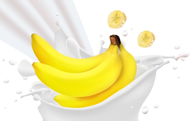 Realistic bunch of ripe yellow bananas and slices in milk splashes vector illustration