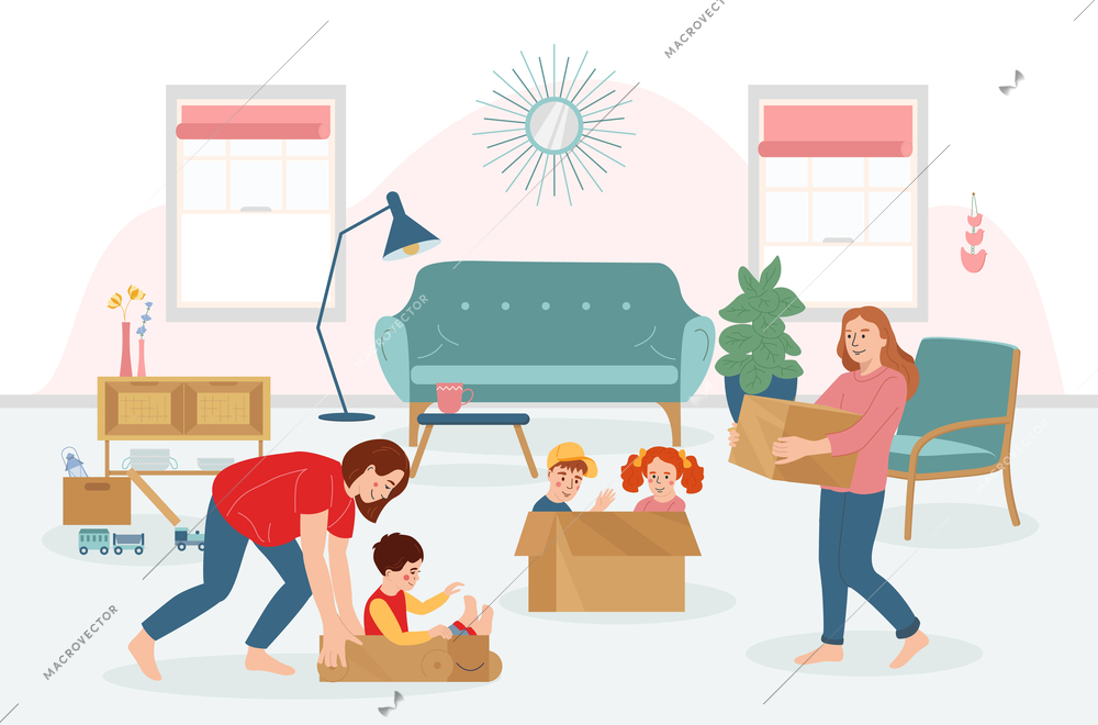 Kids playing toys making from cardboard boxes with their parents flat vector illustration