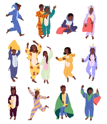 Pyjama party flat icons set with kids in kigurumi and sleeping jumpjuits isolated vector illustration