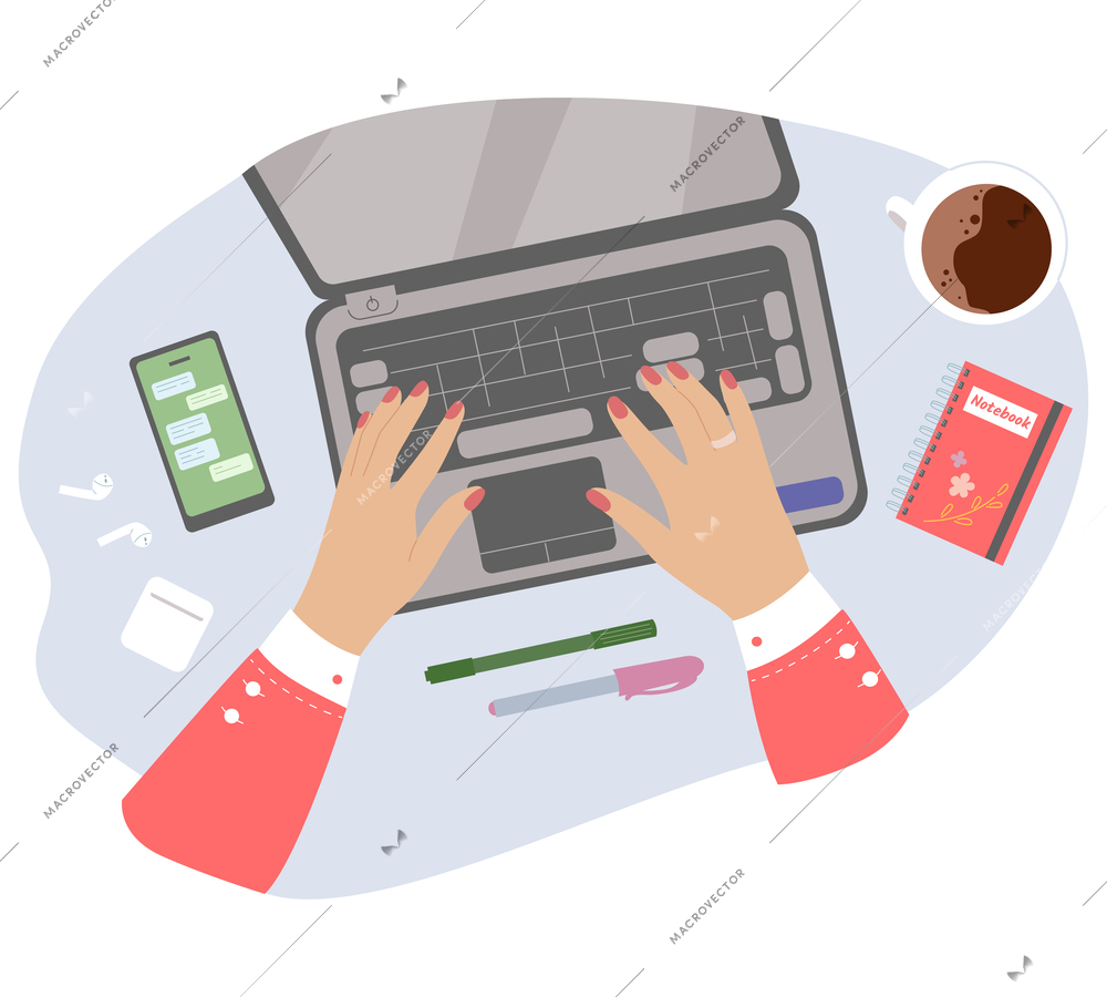 Office table top view concept with human hands and open notebook computer vector illustration