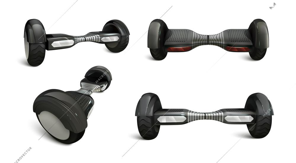 Hoverboard realistic set with four isolated angle views of black colored self balancing scooter with shadows vector illustration