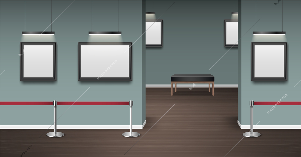 Gallery realistic mockup with blank picture frames and visitors couch vector illustration