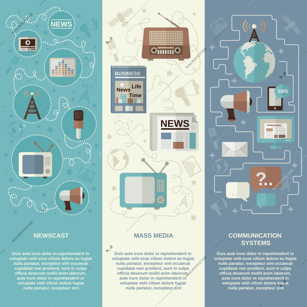 Mass media vertical banner set with newscast communication systems flat elements isolated vector illustration