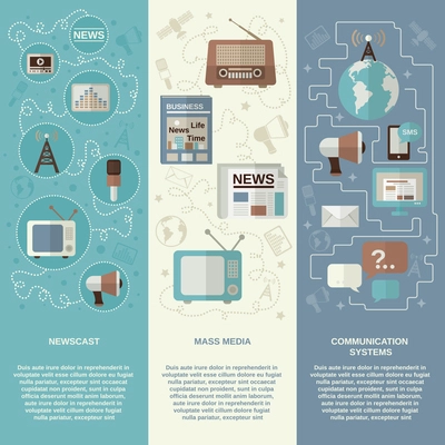 Mass media vertical banner set with newscast communication systems flat elements isolated vector illustration