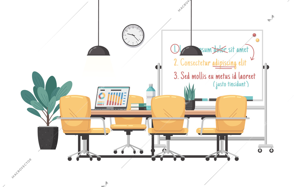 Meeting room cartoon concept with office table and presentation board vector illustration