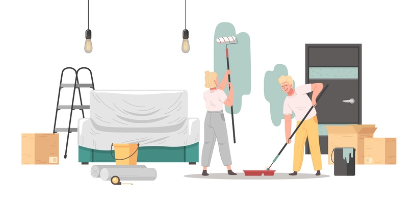 Renovation cartoon scene with handymen painting apartment walls vector illustration