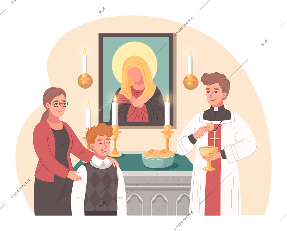Christian church cartoon scene with child during sacrament vector illustration