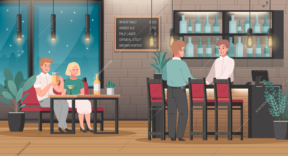 Restaurant interior cartoon scene with bartender and happy visitors vector illustration