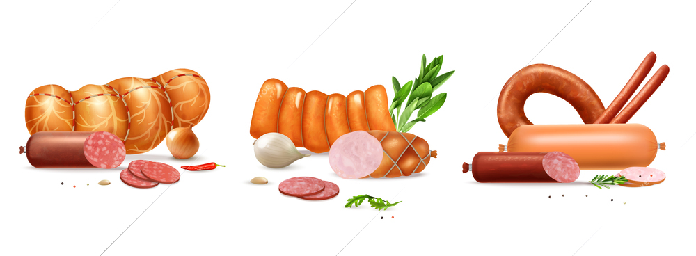 Realistic sausage set of three isolated compositions with ready meat products slices and greens with spices vector illustration