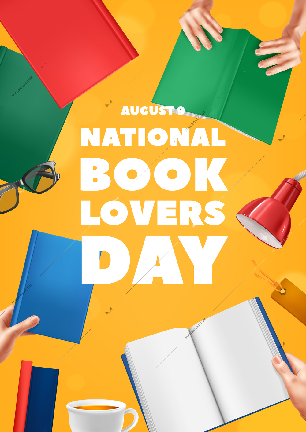 Realistic book lover day vertical poster with composition of editable text surrounded by hands and books vector illustration