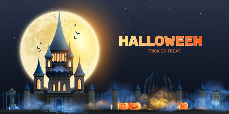 Halloween trick or treat horizontal vector illustration in cartoon style with magic gothic castle against glowing full moon background