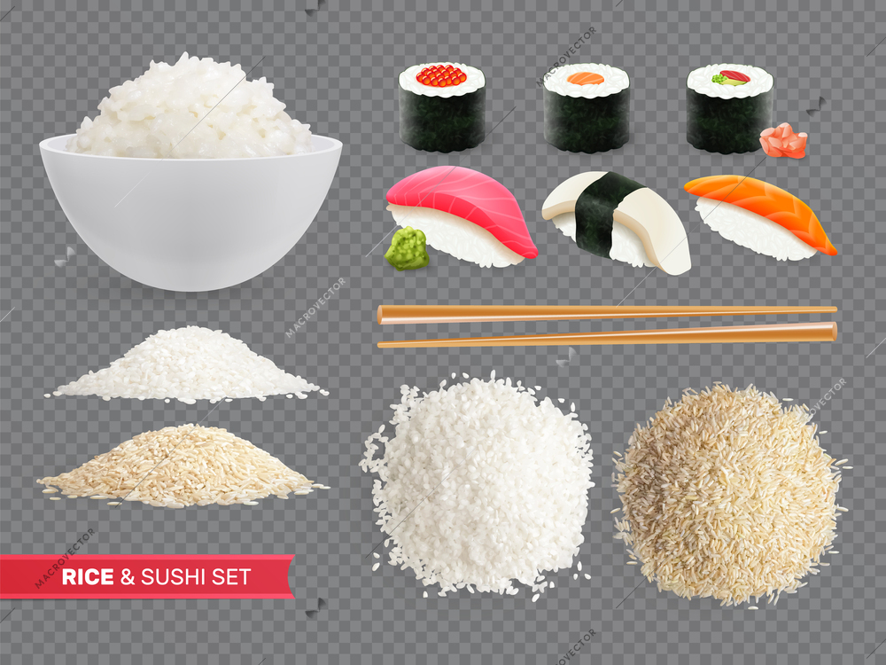 Rice and sushi realistic set of rolls with caviar sushi with salmon lumps of white and brown rice on transparent background isolated vector illustration