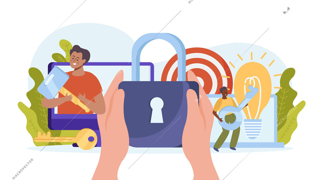 Business success creative ideas flat concept with light bulb target people holding keys and padlock vector illustration