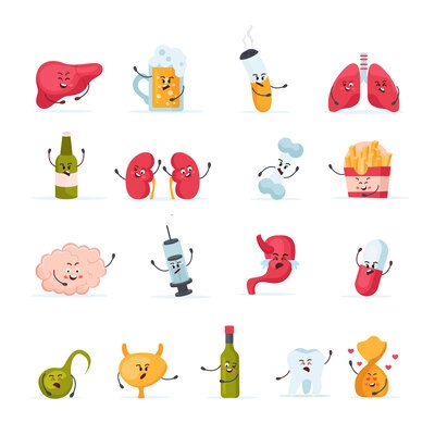 Cartoon characters of cute human organs and bad habits flat icons set isolated vector illustration