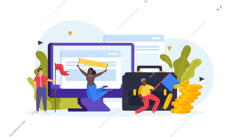 Business success teamwork flat composition with computer monitor coins and happy tiny people holding colorful flags vector illustration