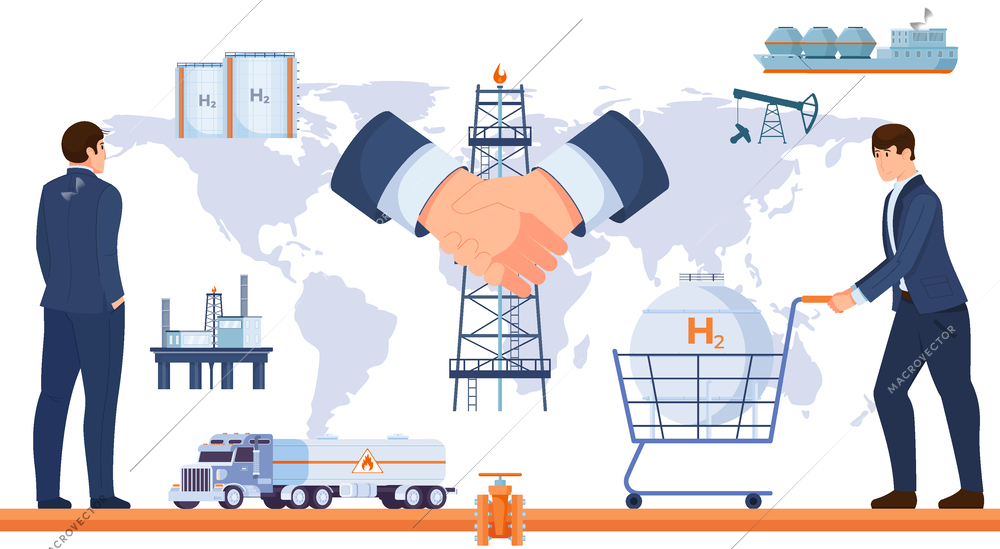 Gas economy flat vector illustration with offshore platform for gas production pipe for pumping and tanker for transportation