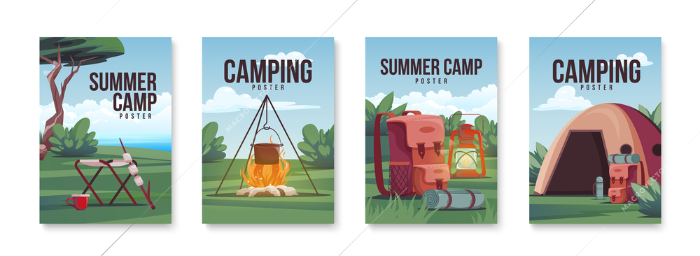 Vertical camping poster set with summer camp and camping headline and landscapes vector illustration