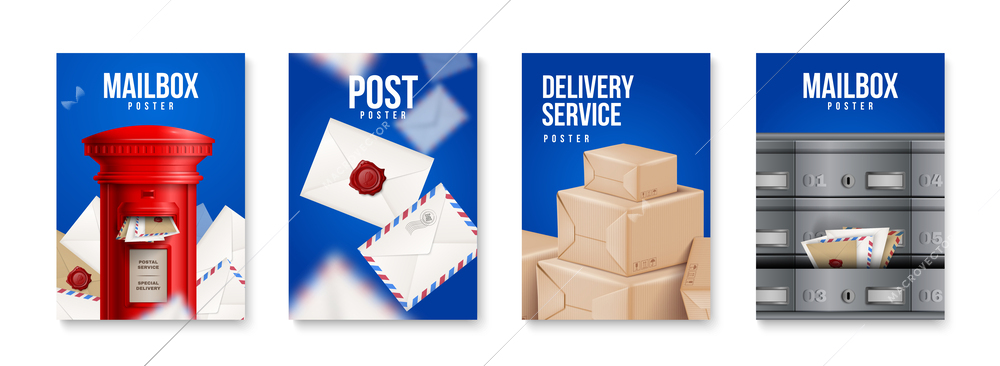 Four vertical realistic post poster set with mailbox post delivery service headlines vector illustration