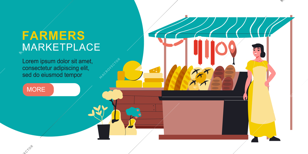 Farmers marketplace horizontal banner with pretty woman character near counter with fresh bread and  sausage of own production vector illustration