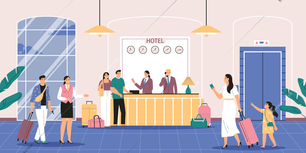 Hotel reception background with service and booking symbols flat vector illustration