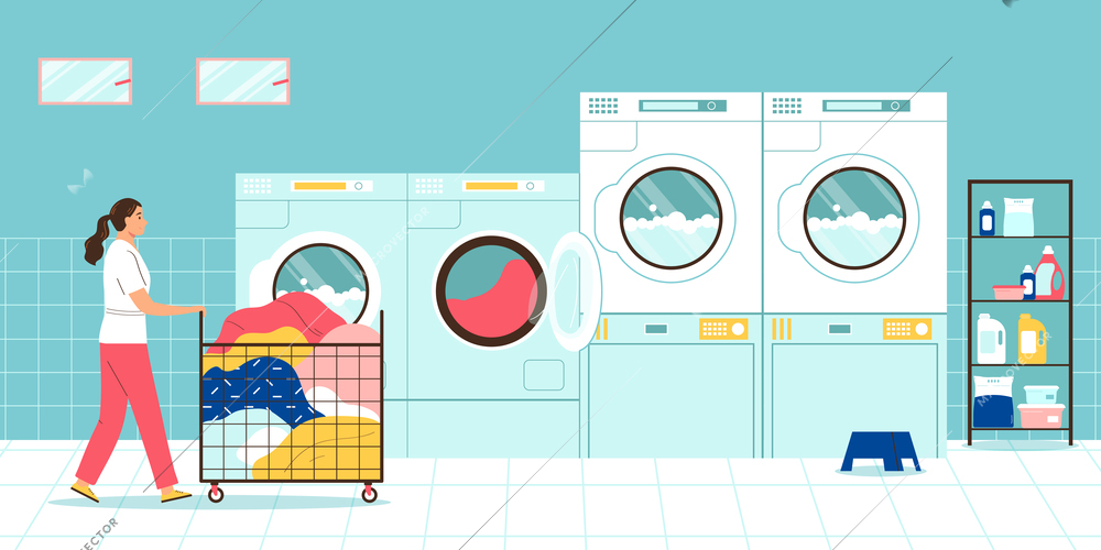 Flat laundry interior with washing machines and female worker carrying trolley with linen vector illustration