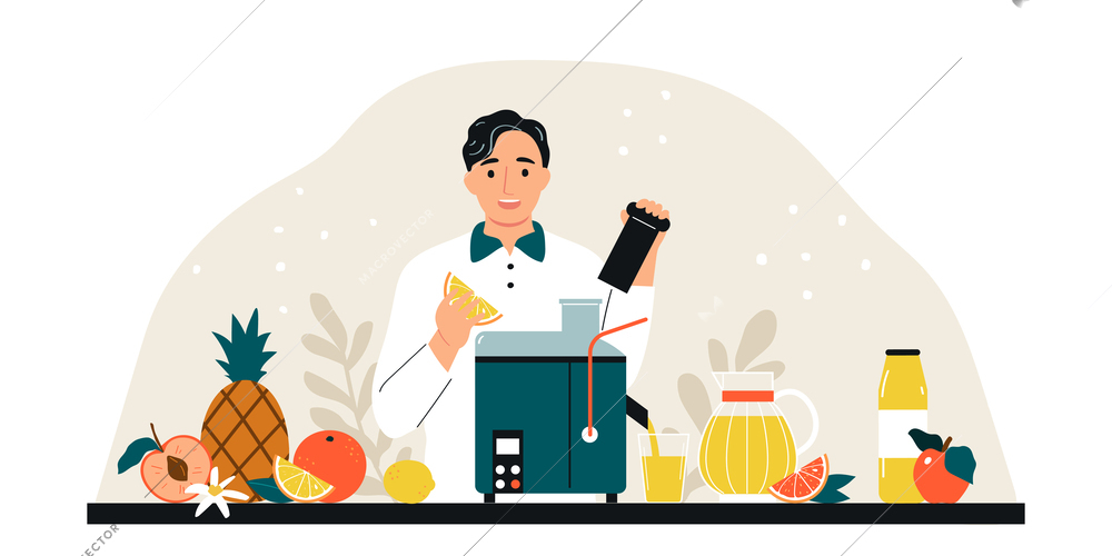 Man making fruit juice using electric squeezer flat vector illustration