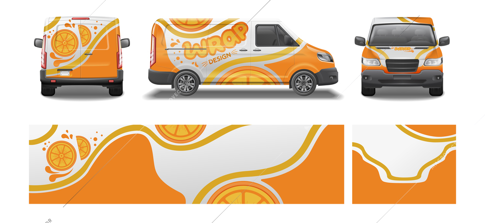 Car van mockup livery wrap design realistic set of citrus branding elements and wrapped car looks vector illustration