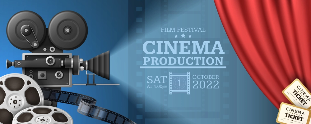 Cinema festival horizontal poster with realistic camcorder reels tickets and red curtains against blue background vector illustration