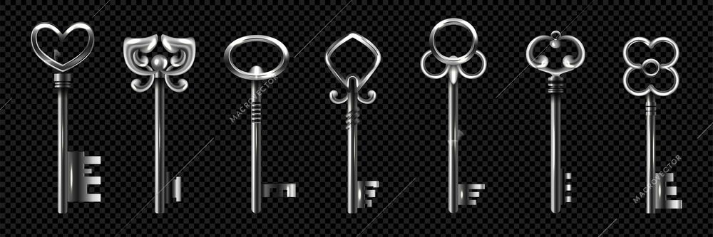 Realistic vintage silver keys icon set seven isolated keys in different shapes on transparent background vector illustration
