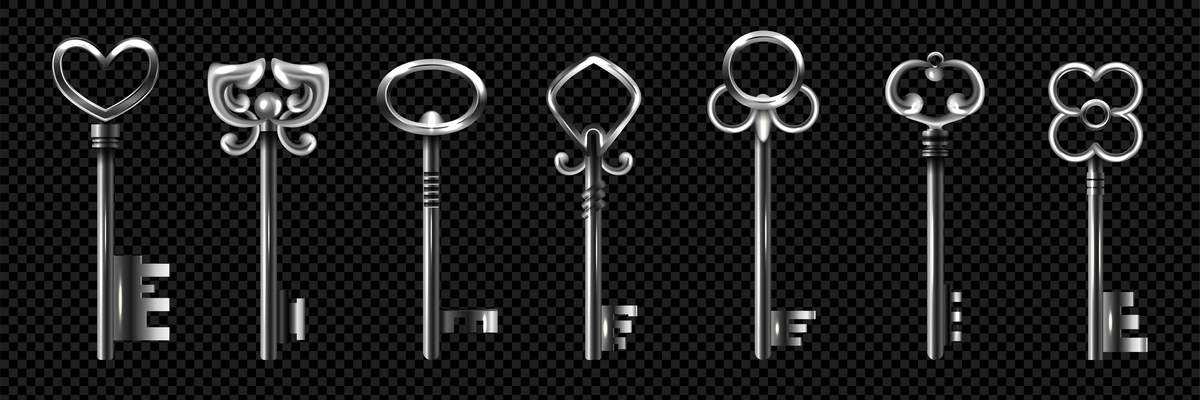 Realistic vintage silver keys icon set seven isolated keys in different shapes on transparent background vector illustration