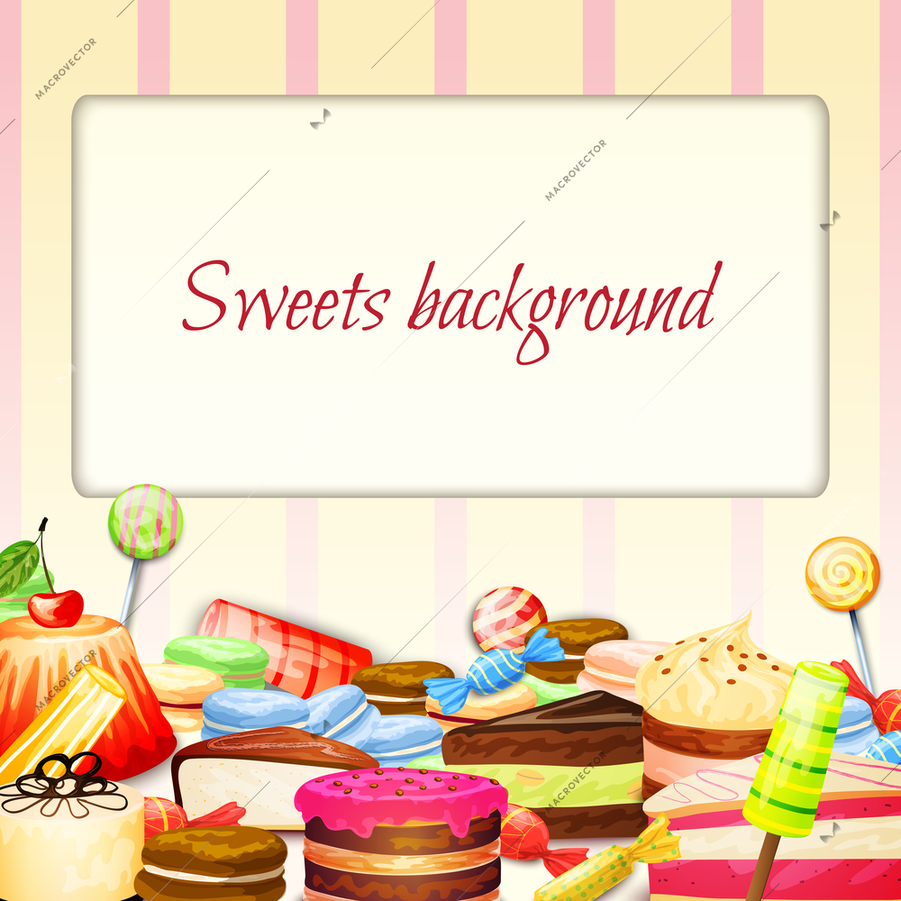 Sweets food background with fresh chocolate cakes muffins icecream vector illustration