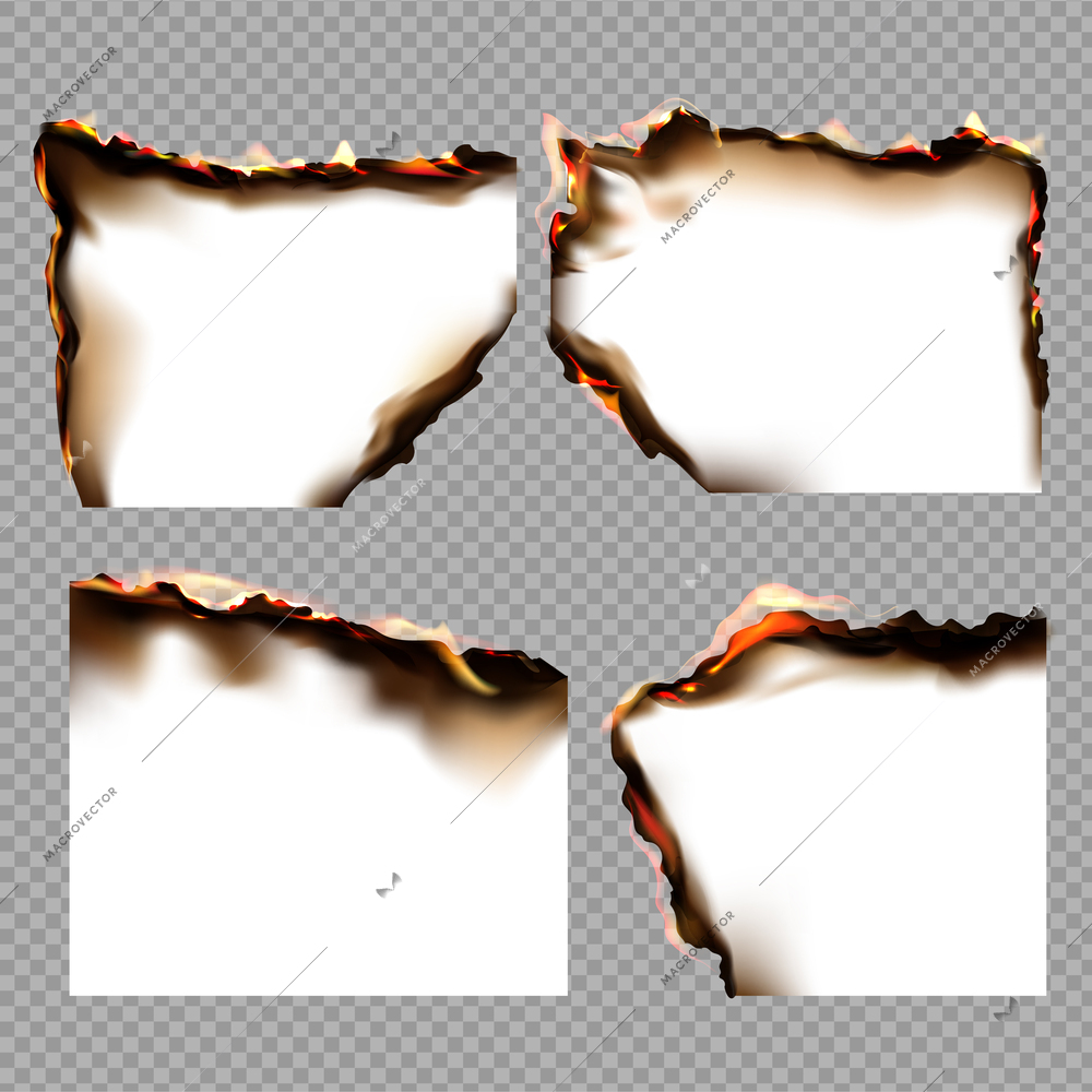 Realistic burnt papers icon set four burnt pieces of white paper on transparent background vector illustration