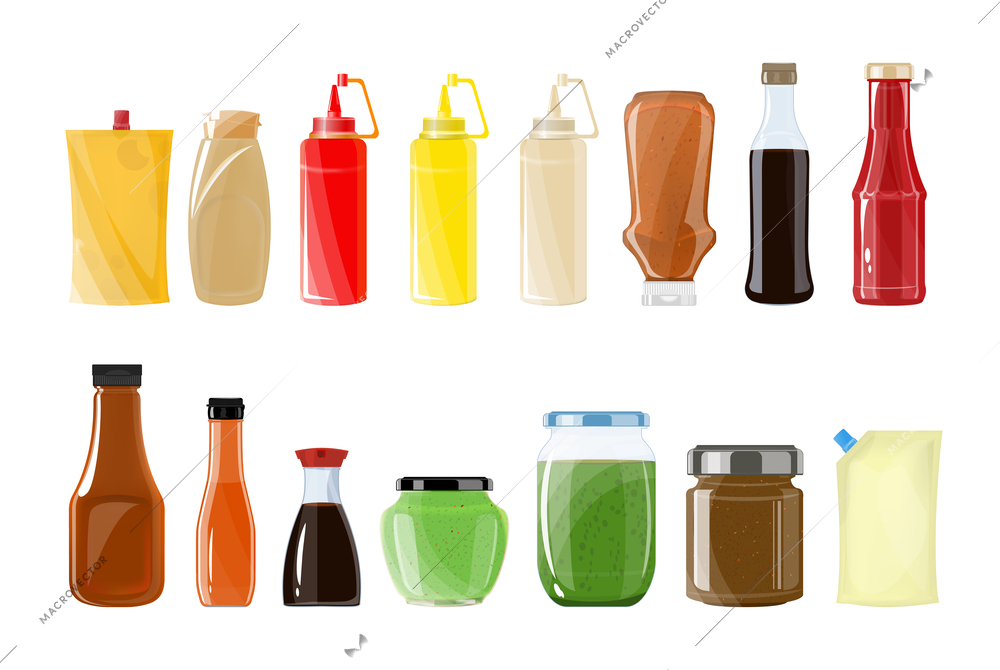 Blank glass and plastic bottles and packages of various sauces flat set isolated vector illustration