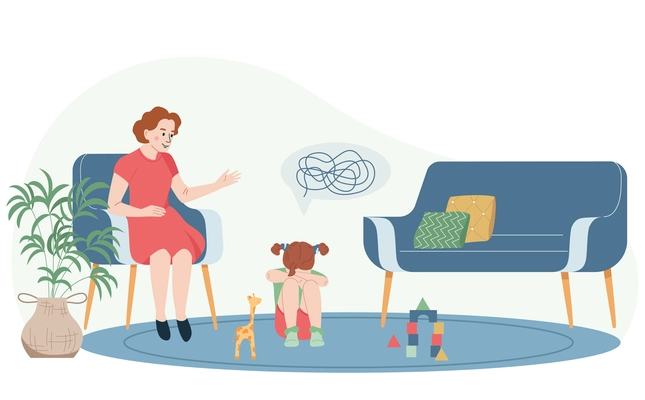 Child psychologist flat concept with woman playing with girl toddler vector illustration