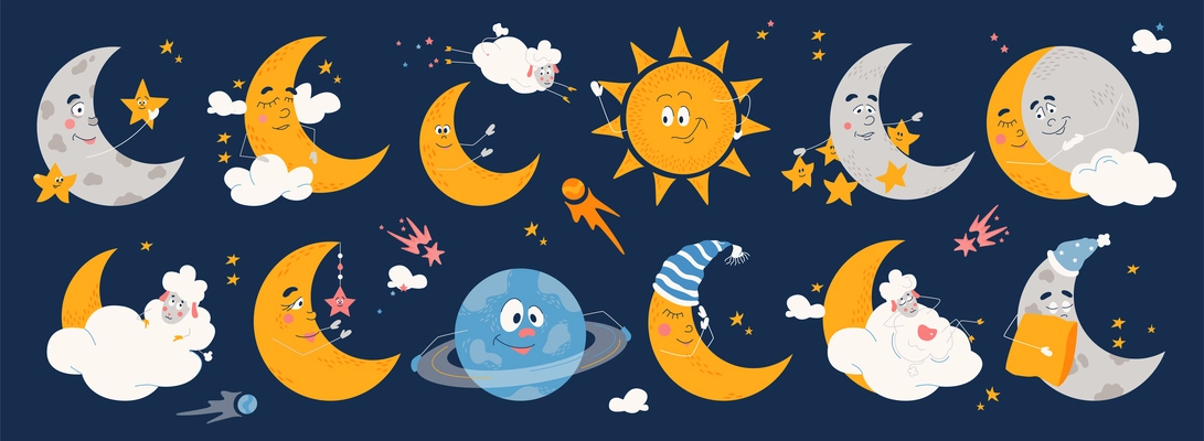 Cartoon moon flat icons set with childish decor for bed room vector illustration