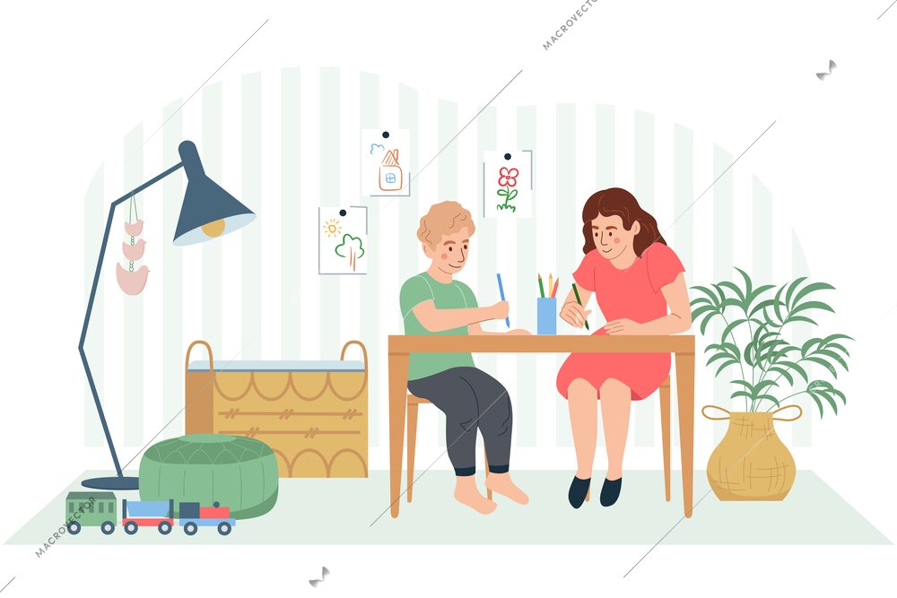 Kids services flat composition with child drawing with adult vector illustration