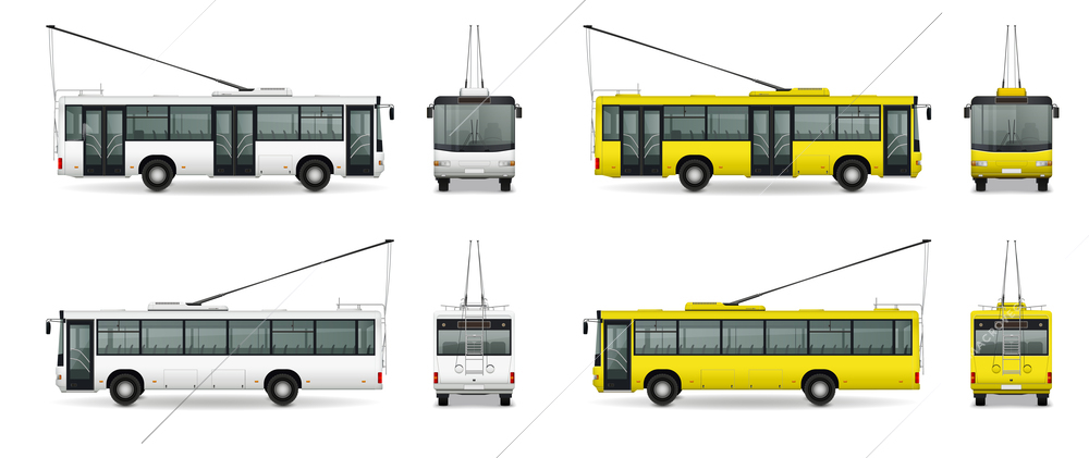 Bus mockup realistic set with isolated images of white and yellow colored trolleybuses on blank background vector illustration