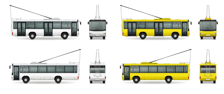 Bus mockup realistic set with isolated images of white and yellow colored trolleybuses on blank background vector illustration