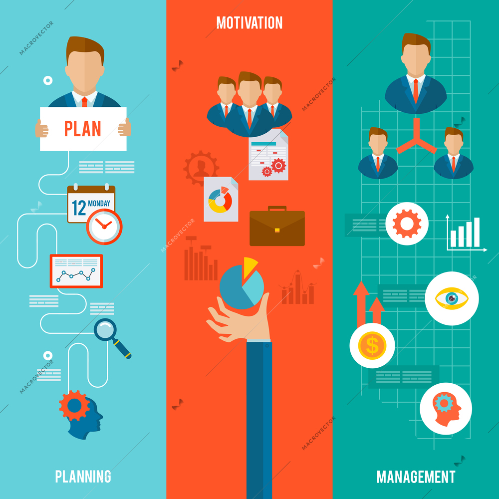 Management vertical flat banner set with planning motivation elements isolated vector illustration