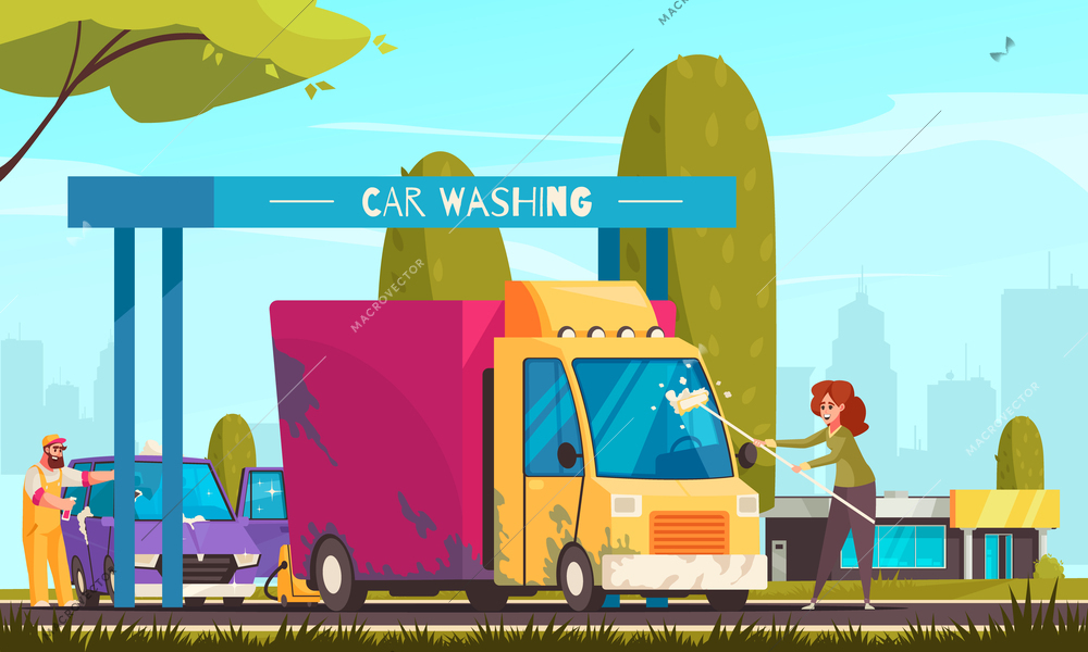 Car wash composition with woman cleaning dirty van cartoon vector illustration