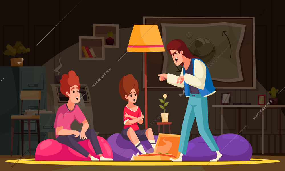 Children horror story cartoon poster with teenagers frightening each other vector illustration