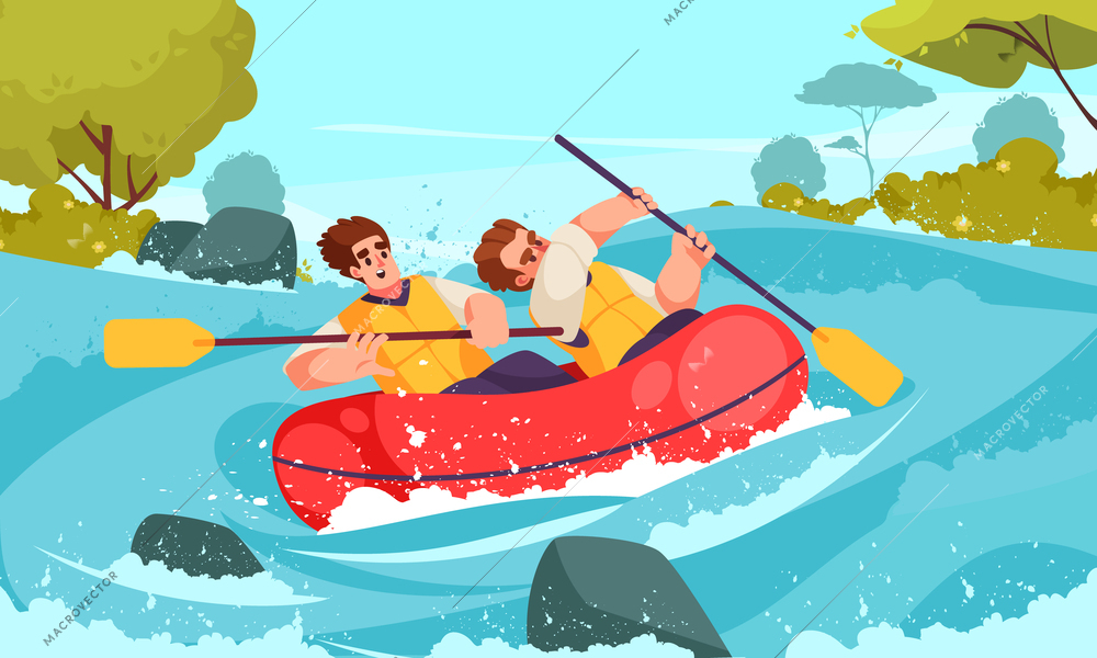 River rafting concept with people rowing in canoe cartoon vector illustration