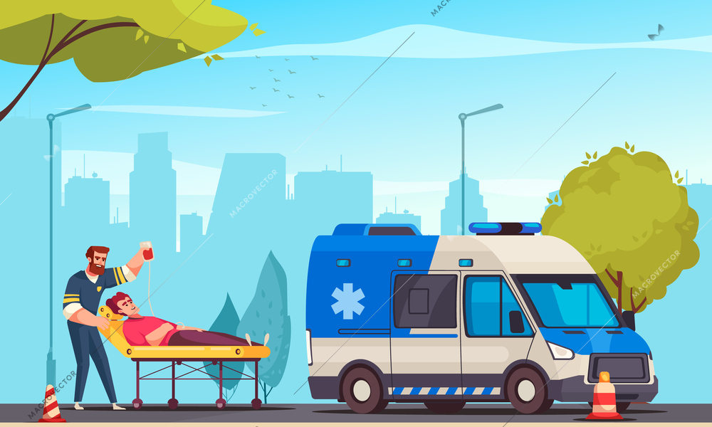 Emergency cartoon poster with er doctor rescuing sick man vector illustration