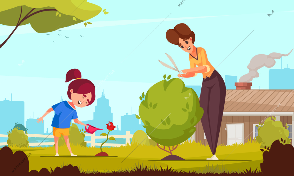 Well-behaved children cartoon poster with girl helping mom in garden vector illustration