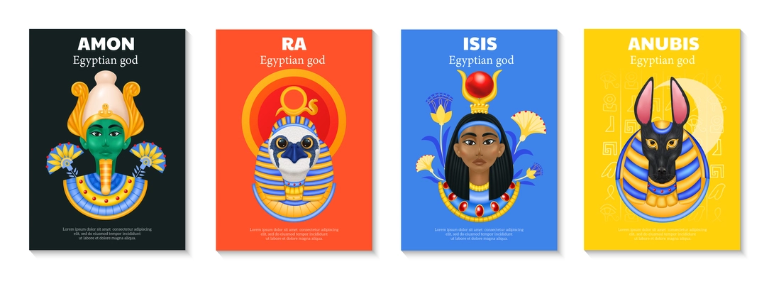 Egyptian gods poster set with four vertical backgrounds with editable text and avatars of mythical gods vector illustration