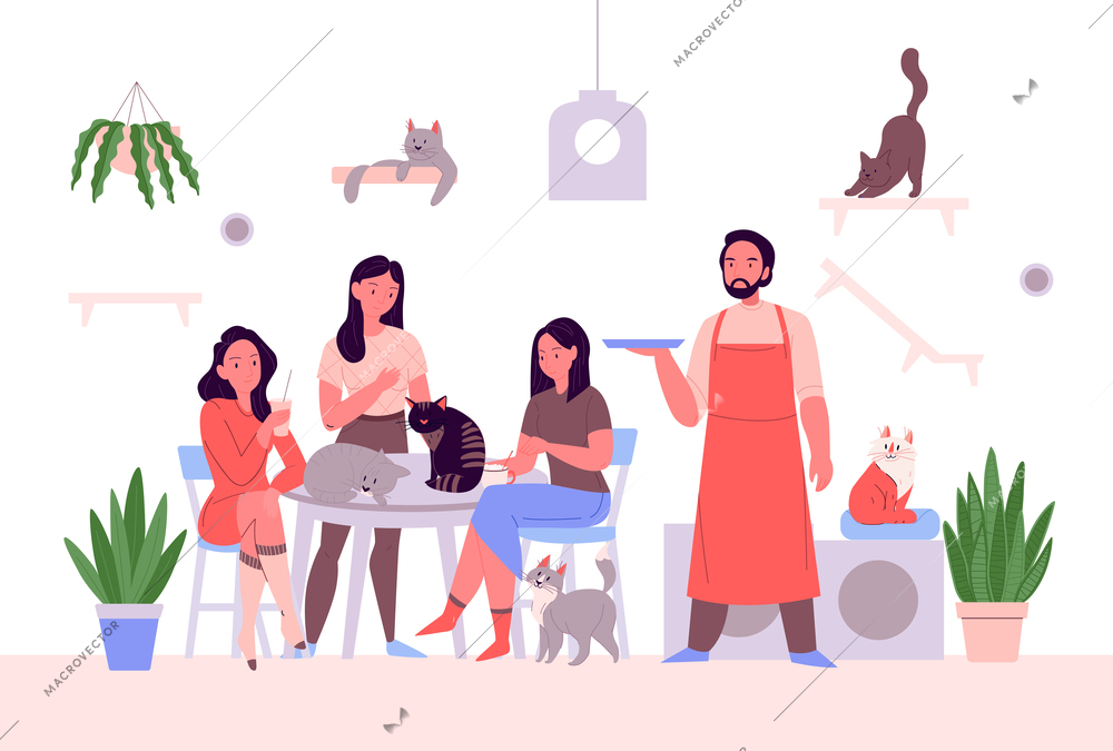 Cats cafe composition with indoor view of cats on shelves with restaurant table guests and waiter vector illustration
