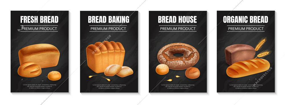 Four vertical realistic bread poster set with fresh bread premium product headline and different types of bread vector illustration