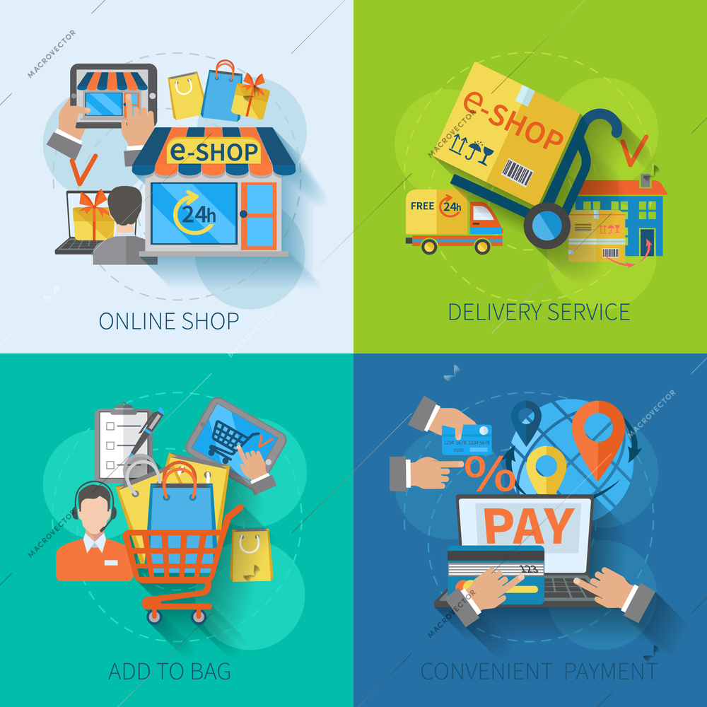 Shopping e-commerce concept design set with online delivery service convenient payment flat icons isolated vector illustration